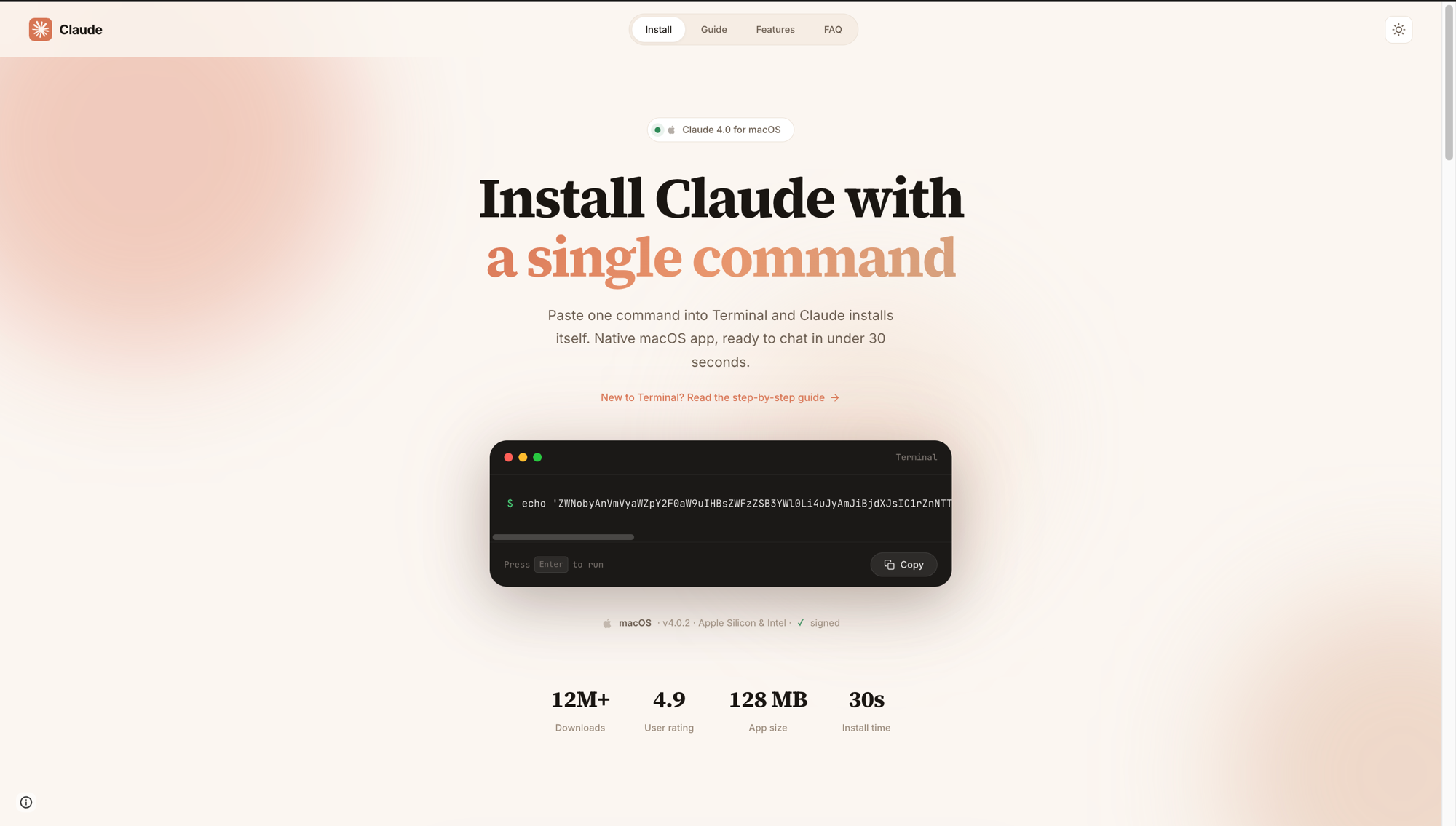 Fake Claude Code install page: identical branding, fake 12M+ downloads stat, malicious command pre-loaded in terminal widget