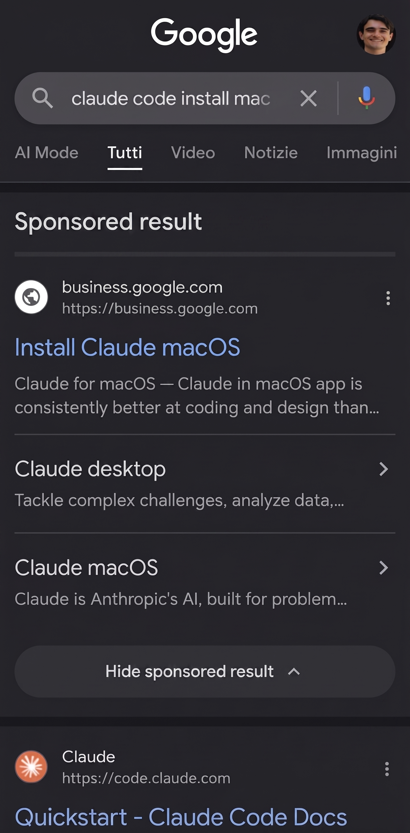 Sponsored Google result impersonating Claude Code: search query in Italian reads "curl -fsSL https://claude.ai/install.sh | bash doesn't work on mac"