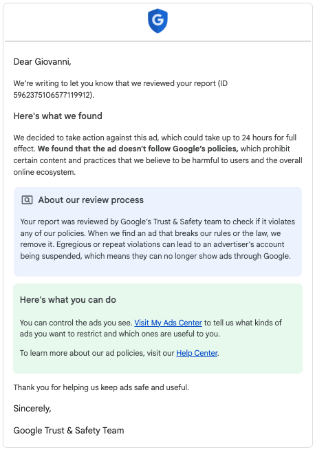 Google Trust & Safety confirmation: ad removed within 24 hours of report