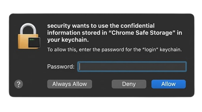 Real macOS keychain dialog: security wants to use the confidential information stored in Chrome Safe Storage