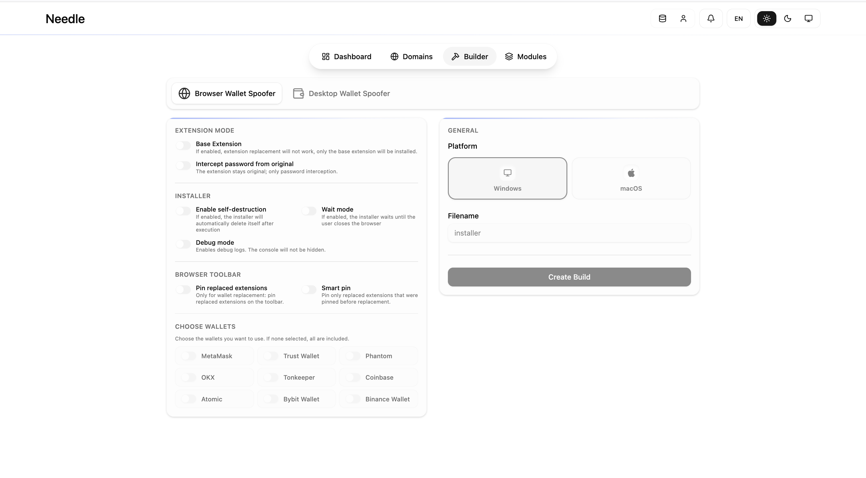 Needle Builder, Browser Wallet Spoofer configuration and wallet selection