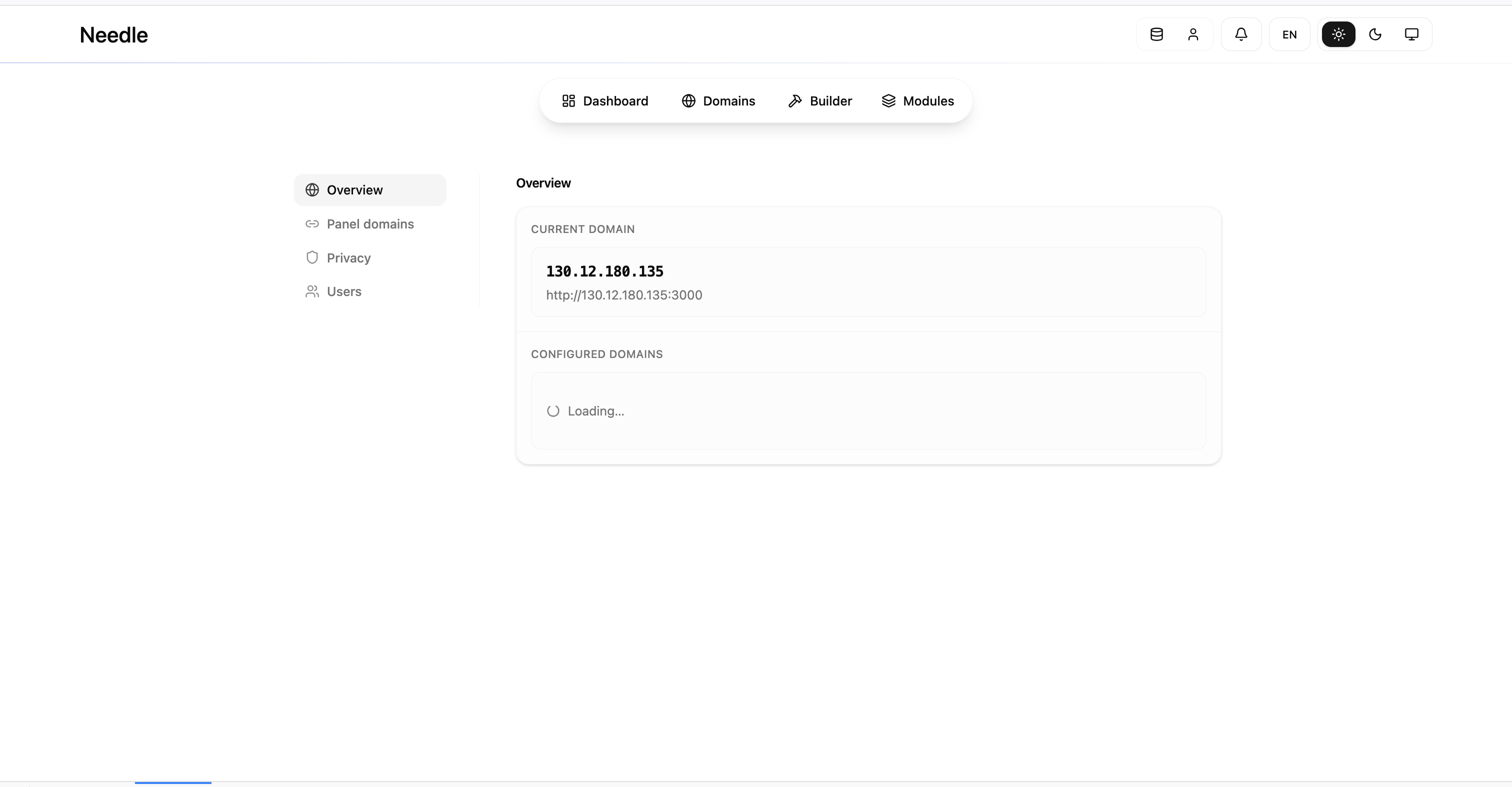 Needle C2 Dashboard, overview page showing current domain