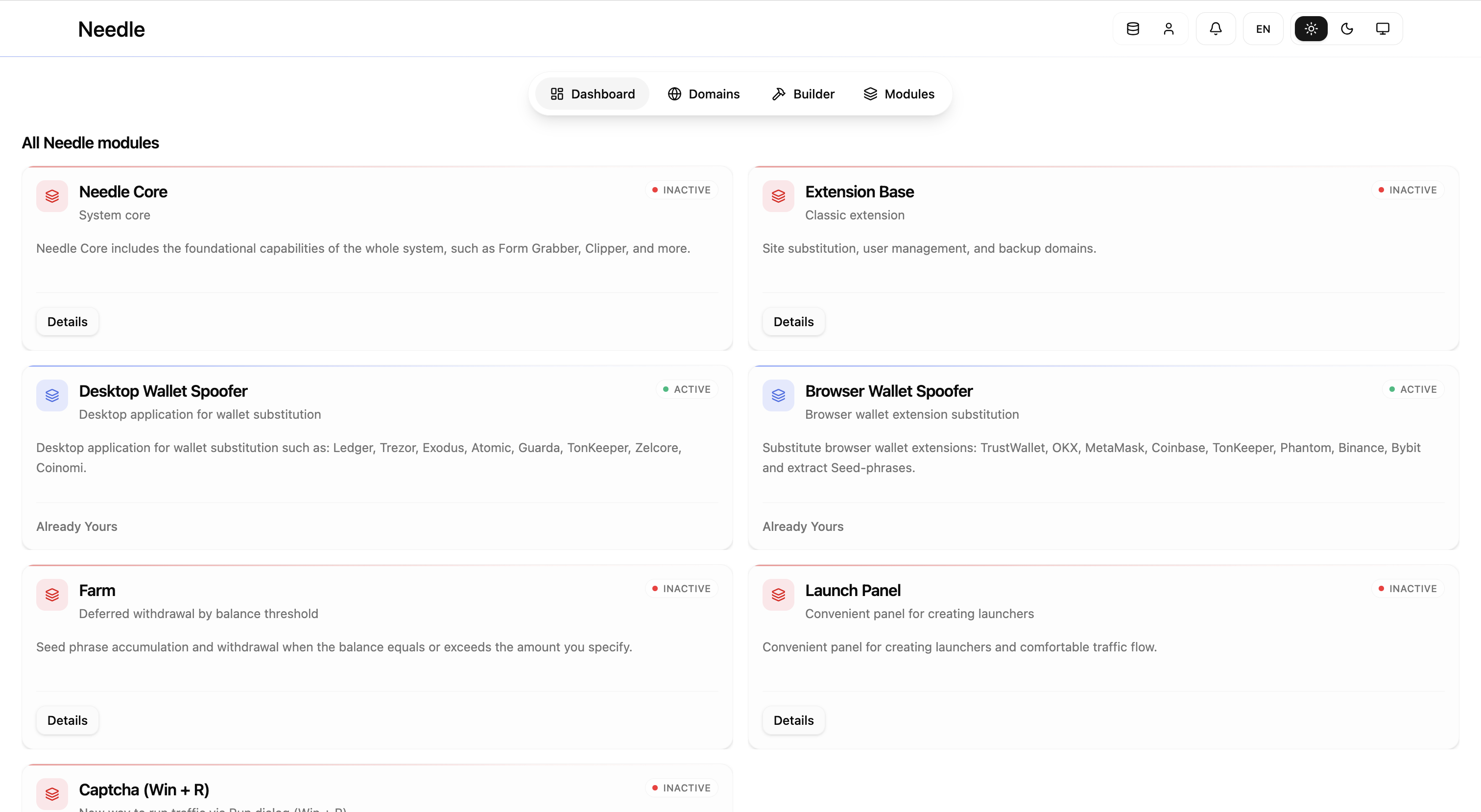 Needle Modules Page showing all available modules with ACTIVE/INACTIVE status