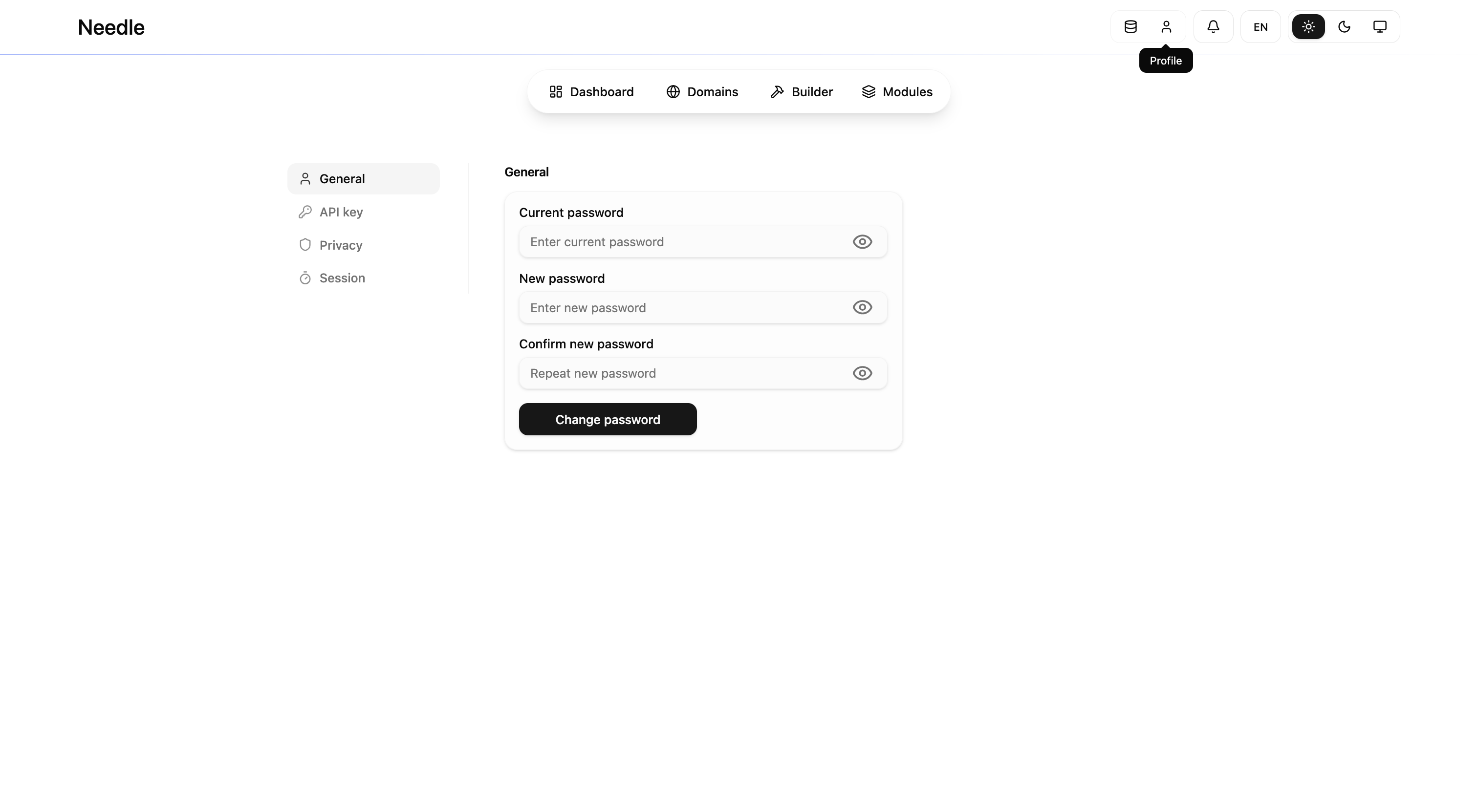 Needle Profile Page showing API key and session management, fully rendered as admin