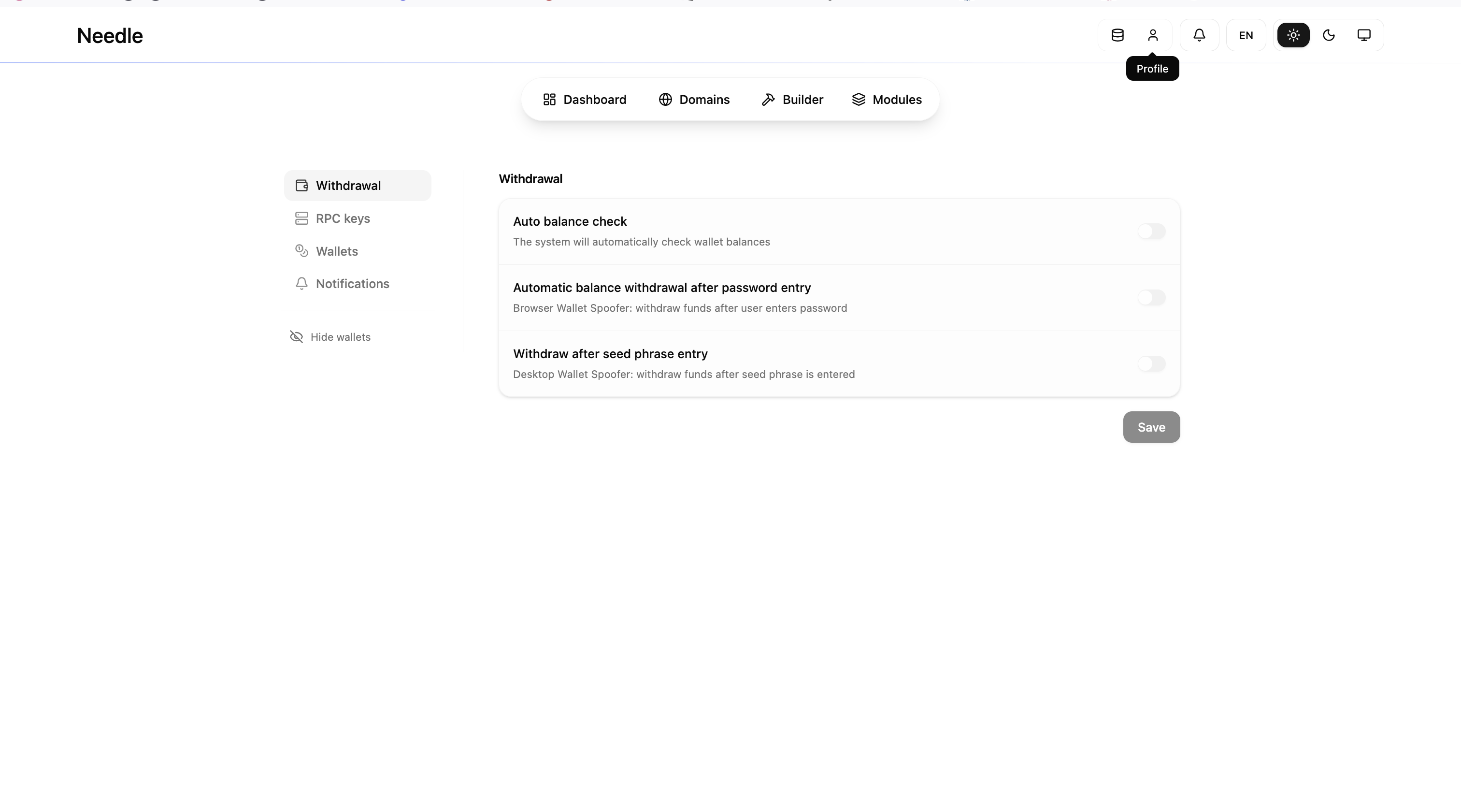 Needle Withdrawal Settings, auto-transfer configuration
