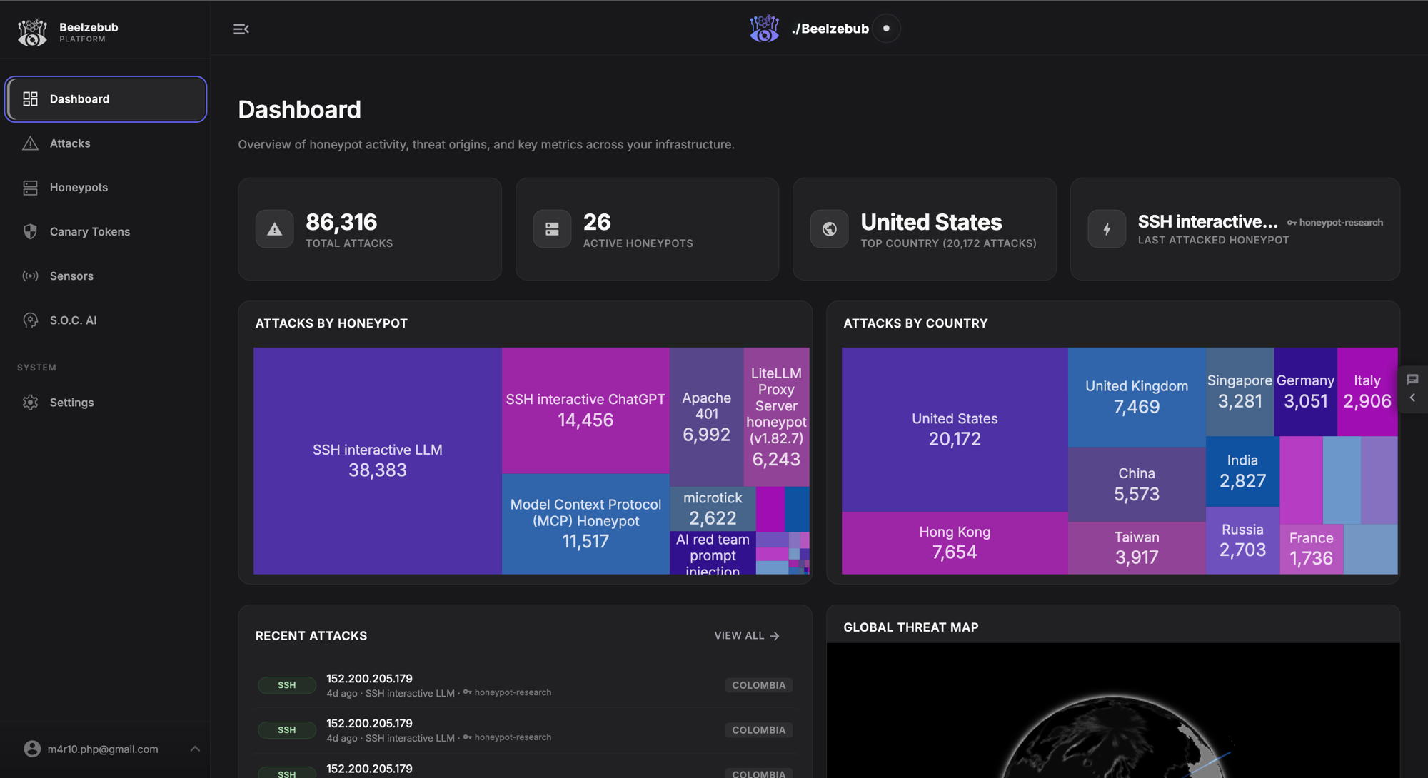 Beelzebub Cloud dashboard: live decoy attack telemetry