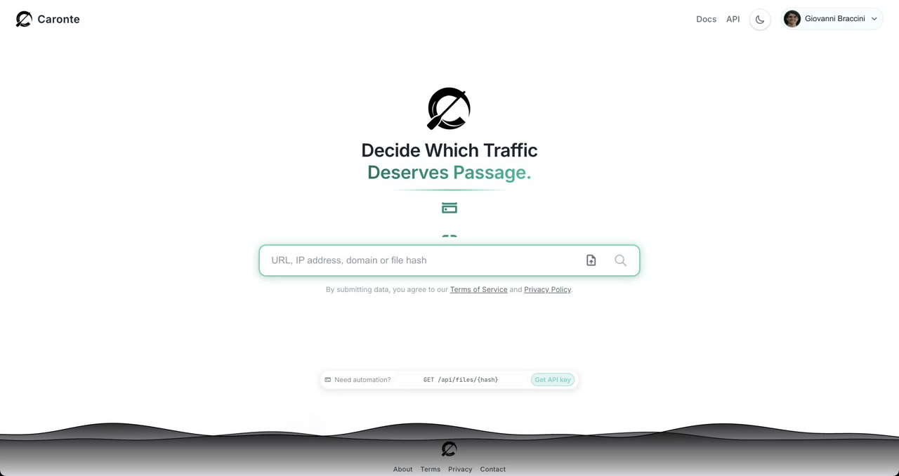 Submit a URL, IP, domain or file hash to Caronte